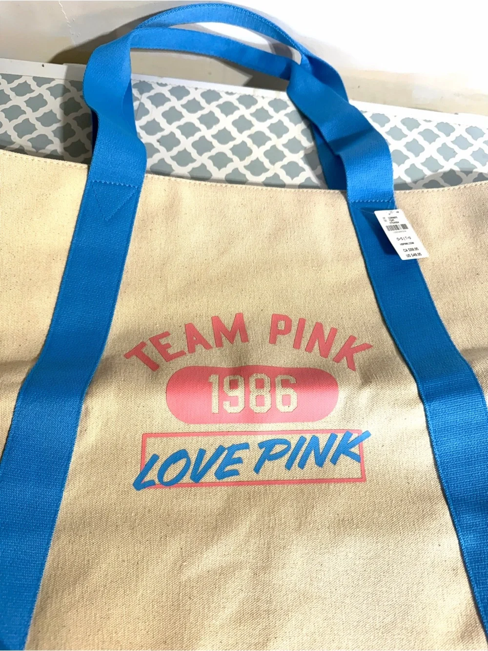 PINK Victoria's Secret Team Pink Canvas Tote in Natural, Pink & Blue